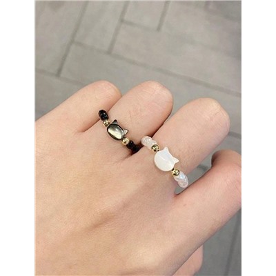 2 Stück Natürliche Mondstein-obsidian-ringe, Perlen, Minimalistischer Fidget-ring, Handgefertigt, Süßer Schwarzer Weißer Katzenring, Kinder-party-zubehör, Schmuck