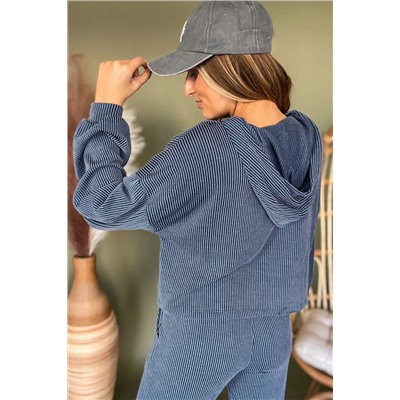 Blue Hollow-out Ribbed Hoodie Pants Casual 2pcs Outfit