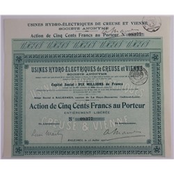Акция Usines Hydro-Electriques de Creuse et Vienne, 500 франков, Франция (с корешком)