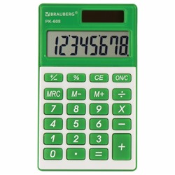 Калькулятор карманный BRAUBERG PK-608-GN (107x64 мм), 8 разрядов, двойное питание, ЗЕЛЕНЫЙ, 250520