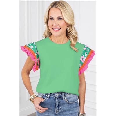 Light Green Contrast Ricrac Floral Sleeve Top