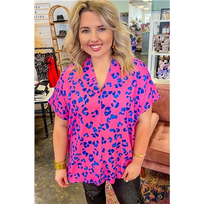 Rose Contrast Leopard Print Plus Size V Neck Blouse