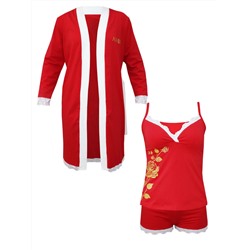 Красный новогодний комплект (халат, майка, шорты) "Бутон розы" женский (30120)
