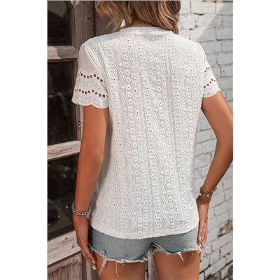 White Eyelet Embroidery Scalloped Short Sleeve Top