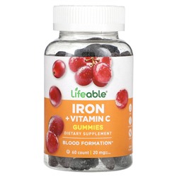 Lifeable Iron + Vitamin C Gummies, Grape, 20 mg, 60 Count (10 mg per Gummy)