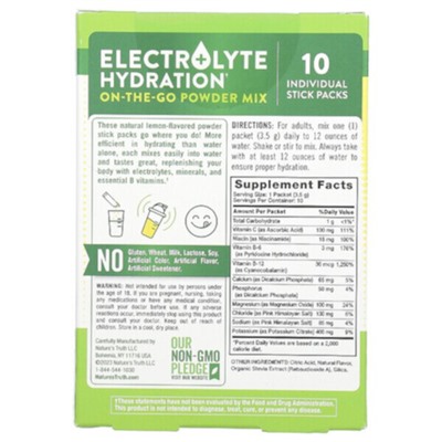 Nature's Truth Electrolyte Hydration + витамины группы B, Порошковая смесь, которую можно взять с собой, лимон, 10 отдельных пакетиков по 0,123 унции (3,5 г) каждый