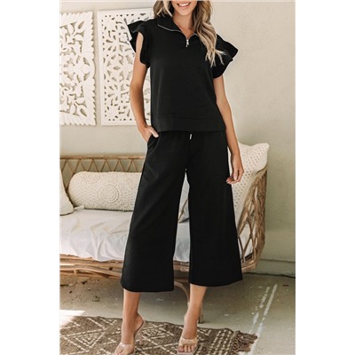 Black Textured Flutter Sleeve Top Wide Leg Pants Set