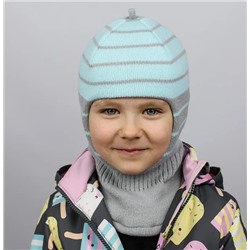 Шапка-шлем вязаный "Полоска". Цвет: серый/мятный