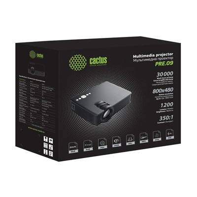 Проектор Cactus CS-PRE.09B.WVGA-W,1200лм,1280x800,350:1,ресурс лампы:30000ч,USB,HDMI,черный