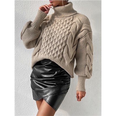 Pullover mit Zopfstrick Rollkragen, Drop Shoulder