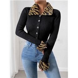 SHEIN Essnce Damen Lange Ärmel Strickjacke mit Kunstfell Kragen und Zebra Muster