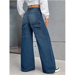 SHEIN EZwear Damen-jeans Im Cargo-stil Mit Hoher Taille Und Weitem Bein Und Taschen