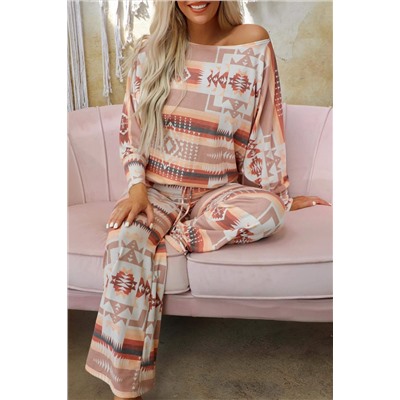 Multicolour Aztec Print Puff Sleeve Pullover and Pants Lounge Outfit