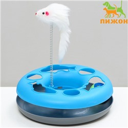 Игрушка для кошек "Загадочный круг - Рыбки", мышь на пружине и шарик, 23 х 7 см, голубая/серая 79161