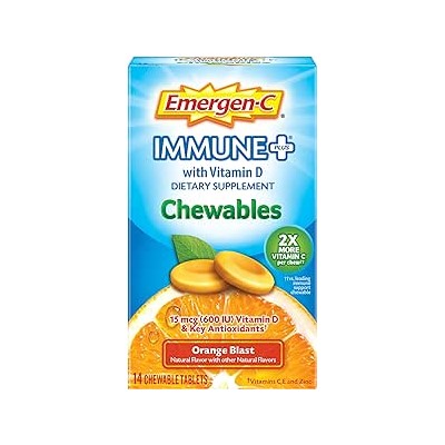 Emergen-C Immune+ Chewables 1000mg Vitamin C Tablet, with Vitamin D, Immune Support Dietary Supplement for Immunity, Orange Blast Flavor - 14 Count