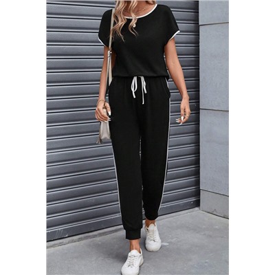 Black Colorblock Trim Casual Two Piece Lounge Set