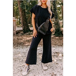 Black Quilted Short Sleeve Wide Leg Pants Set