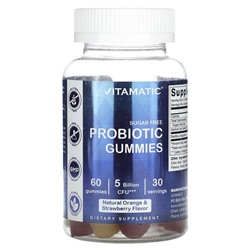 Vitamatic Жевательные таблетки с пробиотиками, без сахара, натуральные апельсины и клубника, 2,5 миллиарда КОЕ, 60 жевательных конфет