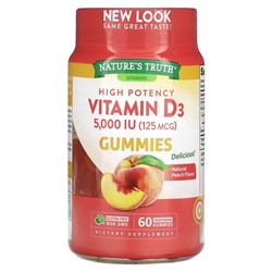 Nature's Truth Витамин D3, высокоэффективный, натуральный персик, 5000 МЕ (125 мкг), 60 вегетарианских жевательных конфет