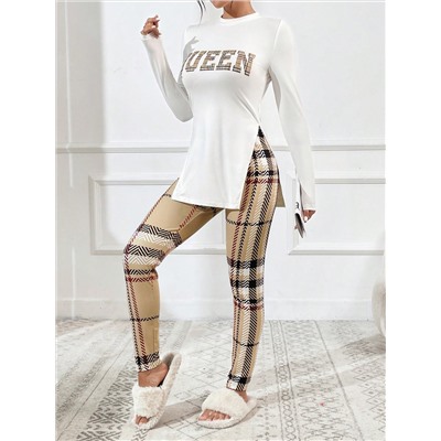 SHEIN Essnce Buchstaben Grafik, Schlitz am Saum, T-Shirt mit & Plaid Muster, Leggings mit