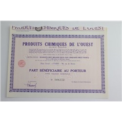 Акция бенефициара Produits Chimiques de L'Ouest, 5250 франков, Франция