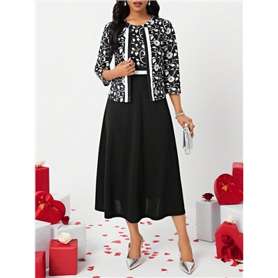 SHEIN Lady Valentinstag Blumenprint Jacke Und Kleid Set Mit Offener Vorderseite