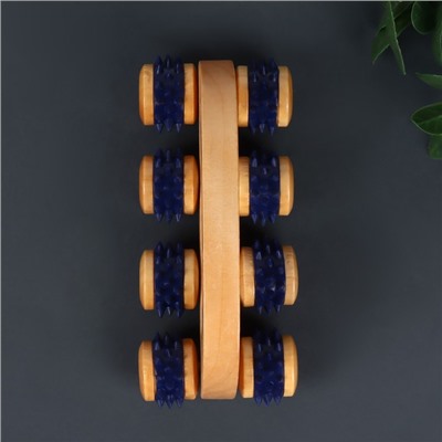 Массажёр с шипами «Гусеница», 15 × 6,8 × 6,5 см, универсальный, с ручкой, 8 колёс, деревянный, цвет МИКС