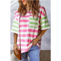 Pink Stripe Contrast Patch Pocket Drop Sleeve T Shirt