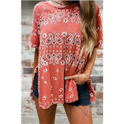Red Paisley Print Side Slits Crew Neck T Shirt