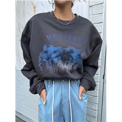 DAZY Thermal Pullover mit Berg & Buchstaben Grafik, Drop Shoulder