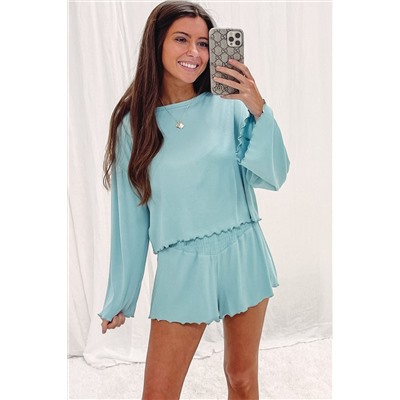 Sky Blue Long Sleeve Top & Shirred High Waist Shorts Set