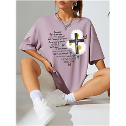 Damen T-shirt Mit Slogan, Drop Schuler Und Kreuz Und Schmetterlingsdruck
