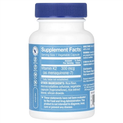 The Vitamin Shoppe Витамин К2, тройная сила, 300 мкг, 120 растительных капсул
