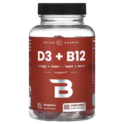 NutraChamps D3 + B12, малина, 60 жевательных конфет с витаминами