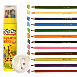 Набор цветных карандашей 12 цветов в тубус с точилкой, шестигранные, дерево, 3+