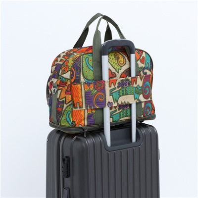 Сумка дорожная на молнии, с увеличением, наружный карман, держатель для чемодана, длинный ремень, цвет бежевый/разноцветный