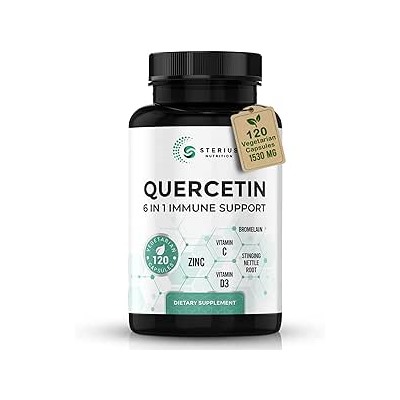 STERIUS NUTRITION 6 in 1 Quercetin with Bromelain, Zinc, Vitamin C, D3, Stinging Nettle Root - Bioflavonoids Quercetin 800mg - Antioxidant & Immune Support Supplement - 120 Vegan Capsules