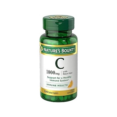 Nature's Bounty Vitamin C + Rose Hips, 1000mg, Immune Support, Coated Caplets, 100Ct.