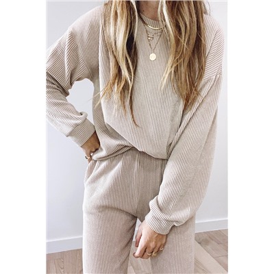 Apricot Pocketed Drop Shoulder Corded Sweat Suit