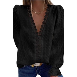 Черная элегантная кружевная блуза в швейцарский горошек с V-образным вырезом