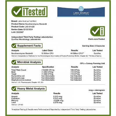 Lake Avenue Nutrition Saccharomyces Boulardii, 10 Billion CFU, 60 Veggie Capsules