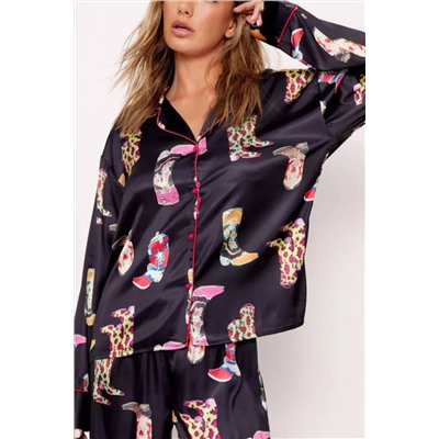 Black Western Cowgirl Boots Printed Satin Long Pajama Set