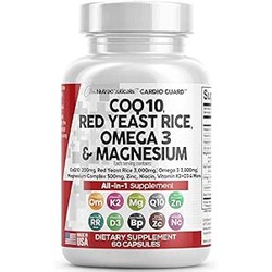 Clean Nutraceuticals COQ10 200mg Red Yeast Rice 3000mg Omega 3 3000mg Magnesium Complex 500mg Niacin Zinc Vitamin K2 D3 B3- Heart Health Support Vitamins for Women & Men with Coenzyme Q10-60 Ct