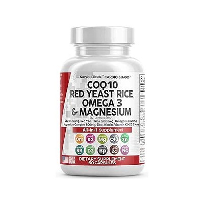 Clean Nutraceuticals COQ10 200mg Red Yeast Rice 3000mg Omega 3 3000mg Magnesium Complex 500mg Niacin Zinc Vitamin K2 D3 B3- Heart Health Support Vitamins for Women & Men with Coenzyme Q10-60 Ct