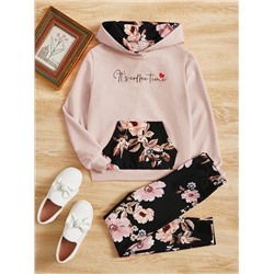 SHEIN Teenager Mädchen Leggings & Hoodie Blume & Buchstabe Grafik, Känguru-Tasche,