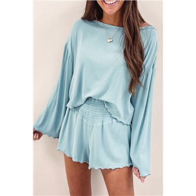 Sky Blue Long Sleeve Top & Shirred High Waist Shorts Set