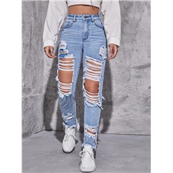 Jeans mit hoher Taille, Riss, umgesäumtem Saum