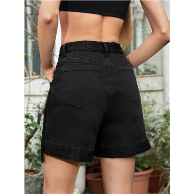 SHEIN X VERO DIAZ Denim Shorts mit Fransen Detail, Spitzenbesatz,