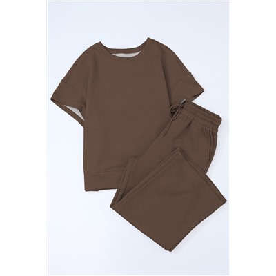 Brown Textured Loose Fit T Shirt and Drawstring Pants Set