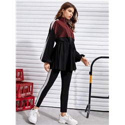 SHEIN Mulvari Mantel mit Reißverschluss, Farbblock, Kordelzug um die Taille und Glitzer & Leggings Set